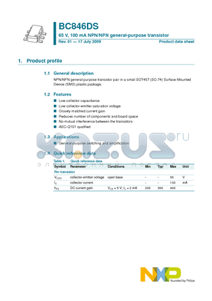 BC846DS datasheet - 65 V, 100 mA NPN/NPN general-purpose transistor