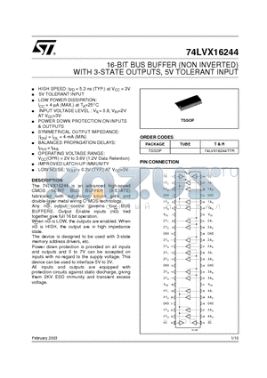 74LVX16244 datasheet - 16-BIT BUS BUFFER (NON INVERTED) WITH 3-STATE OUTPUTS, 5V TOLERANT INPUT