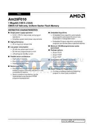 AM29F010 datasheet - 1 Megabit (128 K x 8-bit) CMOS 5.0 Volt-only, Uniform Sector Flash Memory