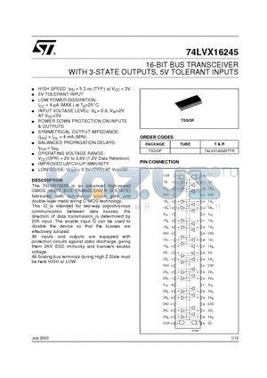 74LVX16245TTR datasheet - 16-BIT BUS TRANSCEIVER WITH 3-STATE OUTPUTS, 5V TOLERANT INPUTS