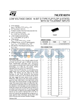 74LVX16374TTR datasheet - LOW VOLTAGE CMOS 16-BIT D-TYPE FLIP FLOP (3-STATE) WITH 5V TOLERANT INPUTS