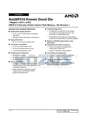 AM29F010-120DWE1 datasheet - 1 Megabit (128 K x 8-Bit) CMOS 5.0 Volt-only, Uniform Sector Flash Memory-Die Revision 1