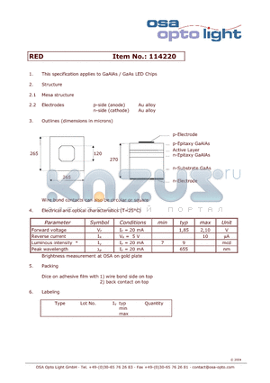 114220 datasheet - GaAlAs / GaAs LED Chips