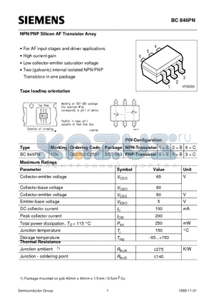 BC846PN datasheet - NPN/PNP Silicon AF Transistor Array (For AF input stages and driver applications High current gain)