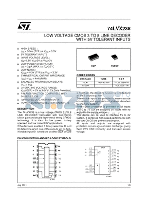 74LVX238MTR datasheet - LOW VOLTAGE CMOS 3 TO 8 LINE DECODER WITH 5V TOLERANT INPUTS