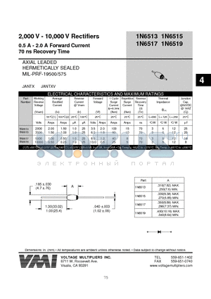1N6513 datasheet - 2,000 V - 10,000 V Rectifiers 0.5 A - 2.0 A Forward Current 70 ns Recovery Time