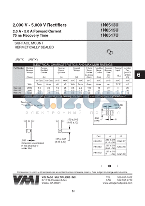 1N6513U datasheet - 2,000 V - 5,000 V Rectifiers 0.5 A - 1.5 A Forward Current 30 ns - 50 ns Recovery Time