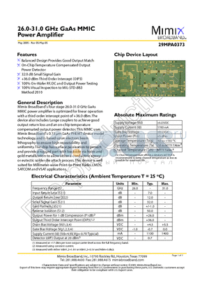 29MPA0373 datasheet - 26.0-31.0 GHz GaAs MMIC Power Amplifier