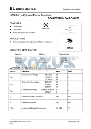 BC846W datasheet - NPN Silicon Epitaxial Planar Transistor