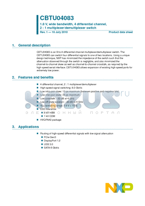 CBTU04083 datasheet - 1.8 V, wide bandwidth, 4 differential channel, 2 : 1 multiplexer/demultiplexer switch