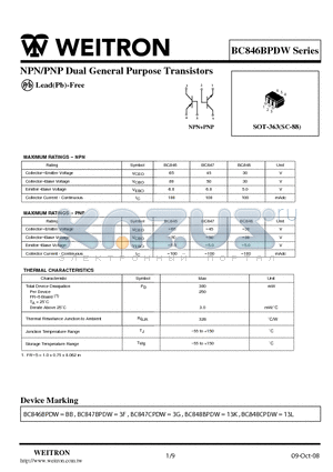 BC847 datasheet - NPN/PNP Dual General Purpose Transistors