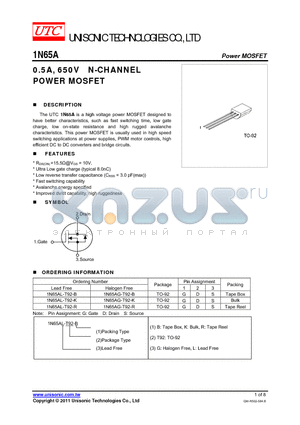 1N65AL-T92-B datasheet - 0.5A, 650V N-CHANNEL POWER MOSFET