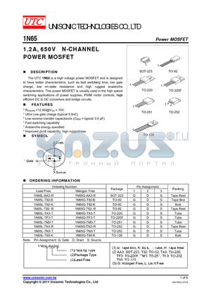 1N65G-AA3-R datasheet - 1.2A, 650V N-CHANNEL POWER MOSFET