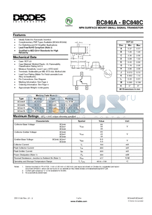 BC847A datasheet - NPN SURFACE MOUNT SMALL SIGNAL TRANSISTOR