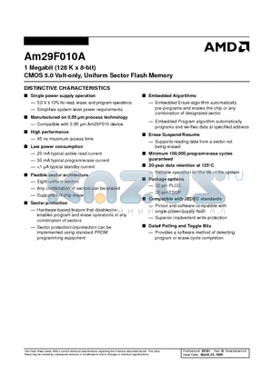 AM29F010A datasheet - 1 Megabit (128 K x 8-bit) CMOS 5.0 Volt-only, Uniform Sector Flash Memory