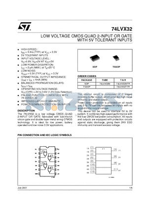 74LVX32TTR datasheet - LOW VOLTAGE CMOS QUAD 2-INPUT OR GATE WITH 5V TOLERANT INPUTS
