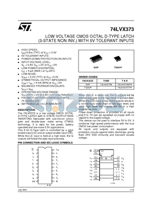 74LVX373 datasheet - LOW VOLTAGE CMOS OCTAL D-TYPE LATCH (3-STATE NON INV.) WITH 5V TOLERANT INPUTS