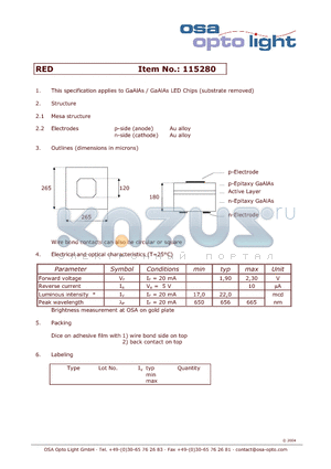 115280 datasheet - GaAlAs / GaAlAs LED Chips (substrate removed)