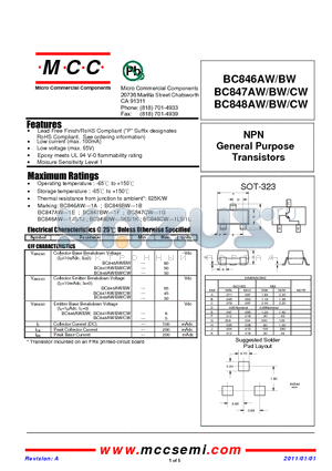 BC847AW datasheet - NPN General Purpose Transistors