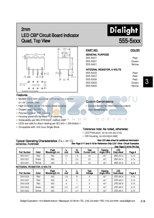 555-5007 datasheet - 2mm LED CBI Circuit Board Indicator Quad, Top View