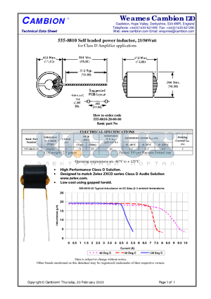 555-8810 datasheet - Self leaded power inductor, 25/50Watt