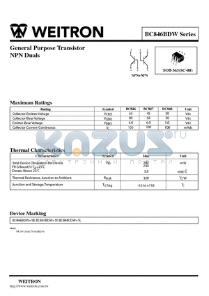BC847BDW datasheet - General Purpose Transistor NPN Duals