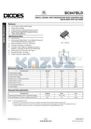 BC847BLD-7 datasheet - SMALL SIGNAL NPN TRANSISTOR WITH CONTROLLED BASE-EMITTER VOLTAGE