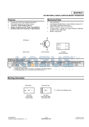 BC847BLP-7B datasheet - 45V NPN SMALL SIGNAL SURFACE MOUNT TRANSISTOR