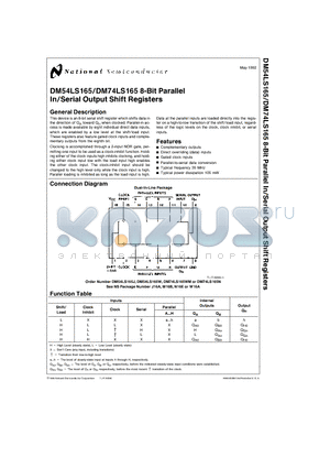 DM54LS165 datasheet - 8-Bit Parallel In/Serial Output Shift Registers