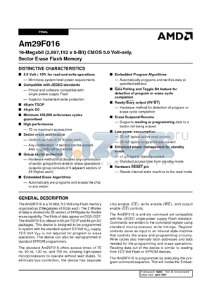 AM29F016 datasheet - 16-Megabit (2,097,152 x 8-Bit) CMOS 5.0 Volt-only, Sector Erase Flash Memory