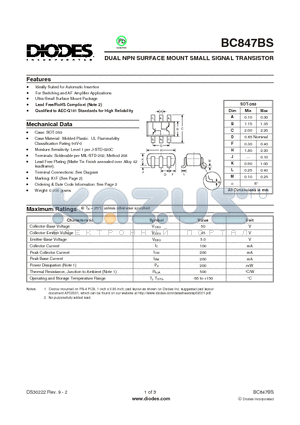 BC847BS-7-F datasheet - DUAL NPN SURFACE MOUNT SMALL SIGNAL TRANSISTOR