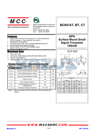 BC847BT datasheet - NPN Surface Mount Small Signal Transistor 150mW
