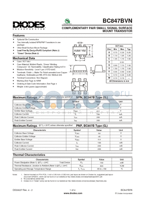 BC847BVN-7 datasheet - COMPLEMENTARY PAIR SMALL SIGNAL SURFACE MOUNT TRANSISTOR