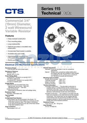 115GP300C252B1 datasheet - Commercial 3/4inch (19mm) Diameter, 2 watt Wirewound Variable Resistor