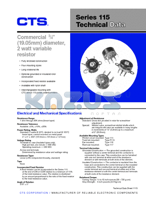 115GR300C501B1 datasheet - Commercial 3/4 (19.05mm) diameter, 2 watt variable resistor