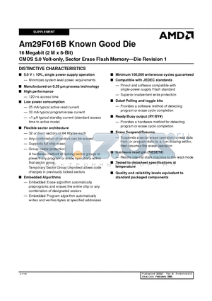 AM29F016B-120DWC1 datasheet - 16 Megabit (2 M x 8-Bit) CMOS 5.0 Volt-only, Sector Erase Flash Memory-Die Revision 1