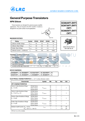 BC847BWT1 datasheet - General Purpose Transistors(NPN Silicon)