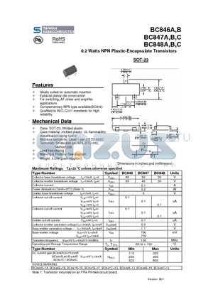 BC847C datasheet - 0.2 Watts NPN Plastic-Encapsulate Transistors