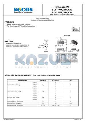 BC847CW datasheet - NPN Plastic Encapsulate Transistor