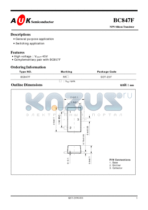 BC847F datasheet - NPN Silicon Transistor (General purpose application Switching application)