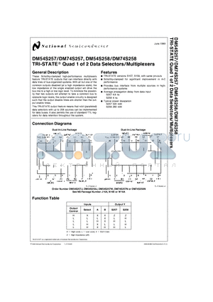 DM54S258J datasheet - TRI-STATE QUAD 1 OF 2 DATA SELECTORS / MULTIPLEXERS