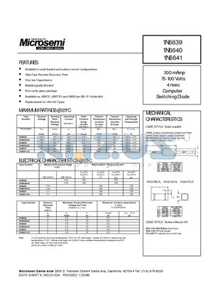 1N6641US datasheet - 300 mAmp 75-100 Volts 4 nsec Computer Switching Diode