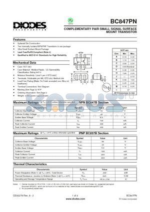 BC847PN-7-F datasheet - COMPLEMENTARY PAIR SMALL SIGNAL SURFACE MOUNT TRANSISTOR