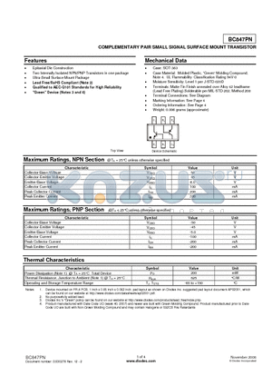 BC847PN-7-F datasheet - COMPLEMENTARY PAIR SMALL SIGNAL SURFACE MOUNT TRANSISTOR