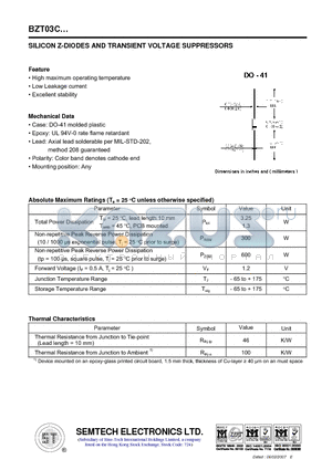 BZT03C220 datasheet - SILICON Z-DIODES AND TRANSIENT VOLTAGE SUPPRESSORS