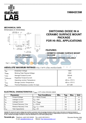 1N6642CSM datasheet - SWITCHING DIODE IN A CERAMIC SURFACE MOUNT