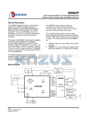 DM562P_04 datasheet - V.90 Integrated Data/ Fax/Voice/Speakerphone Modem Device Single Chip with Memory Built in