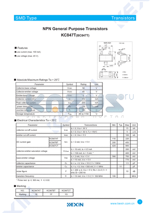 BC847T datasheet - NPN General Purpose Transistors