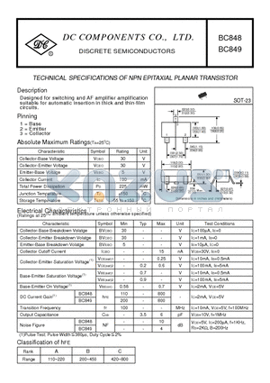 BC848 datasheet - TECHNICAL SPECIFICATIONS OF NPN EPITAXIAL PLANAR TRANSISTOR