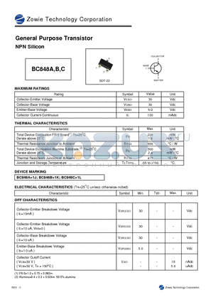 BC848A datasheet - GENERAL PURPOSE TRANSISTOR NPN SILICON